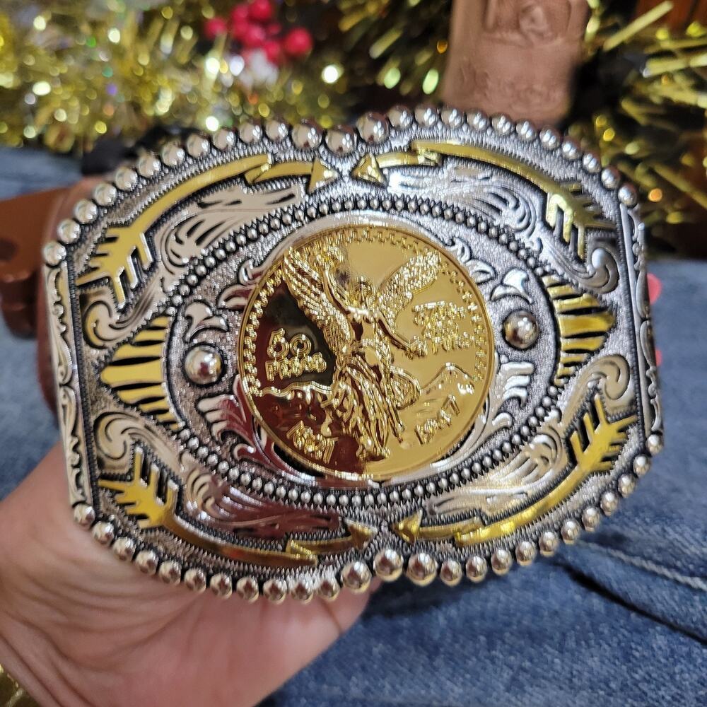 Centenario Cowboy Belt Buckle Western Hebilla Silver Gold Faux Mexican Peso